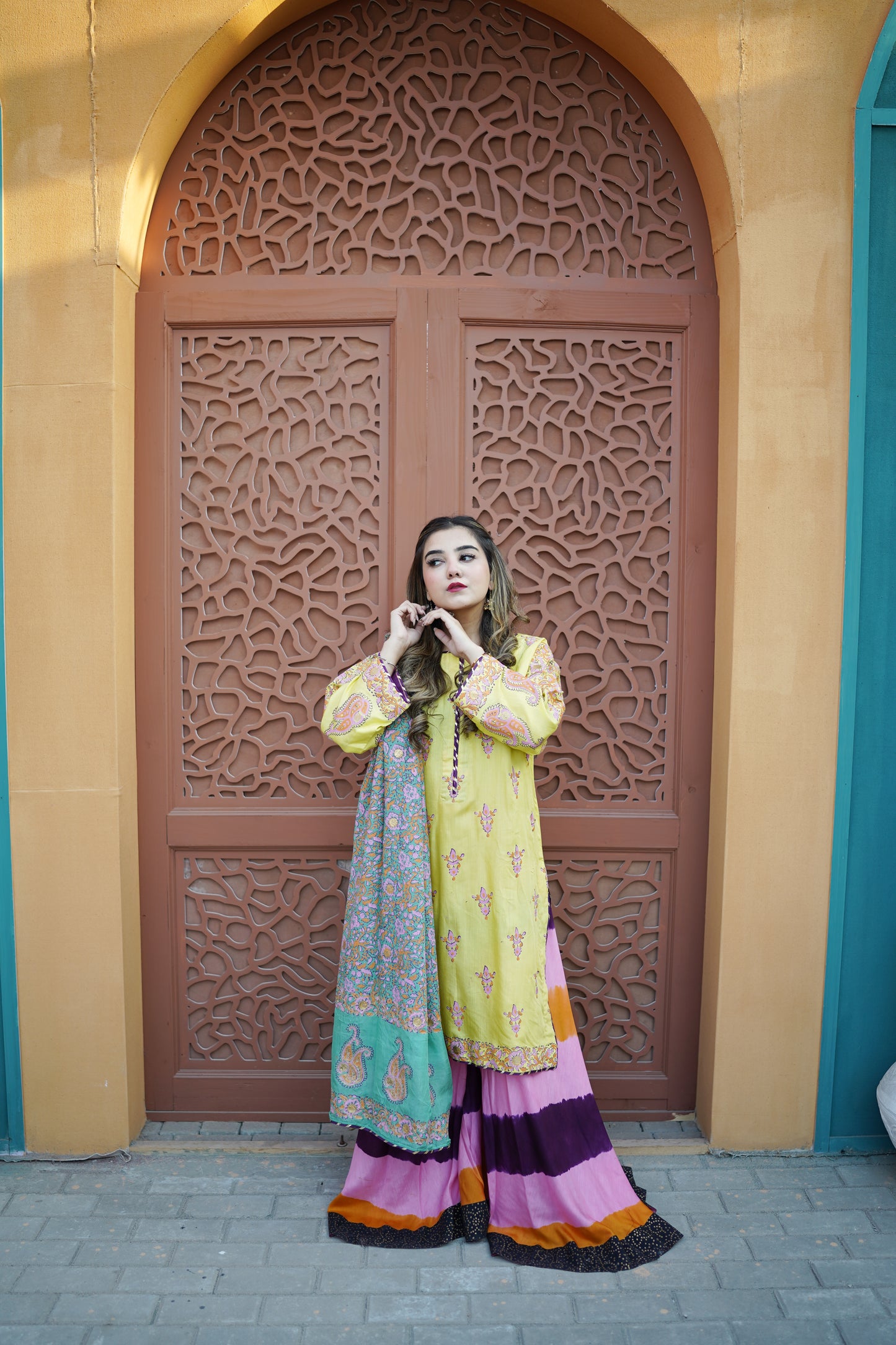 Premium 3-Piece Unstitched Fine Raw Silk Palazzo Suit | Yellow & Festive Multi-Color