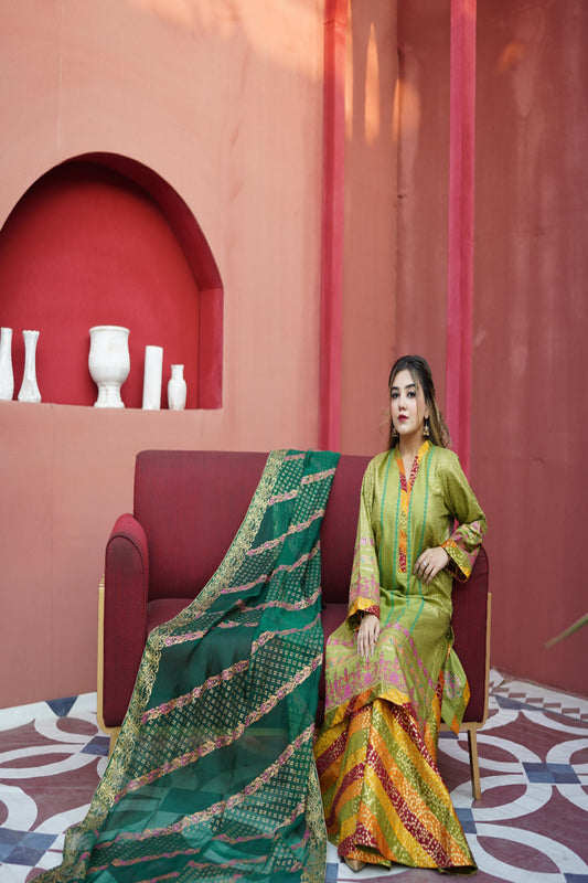 Luxury 3 Piece Block Print Sharara Suit | Raw Silk & Organza Dupatta