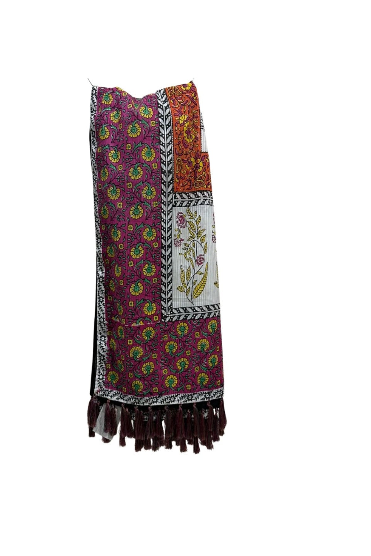Zariyat by Sumera block printed lawn dupatta featuring floral patterns in pink, yellow, and orange with decorative tassels, displayed on a white background