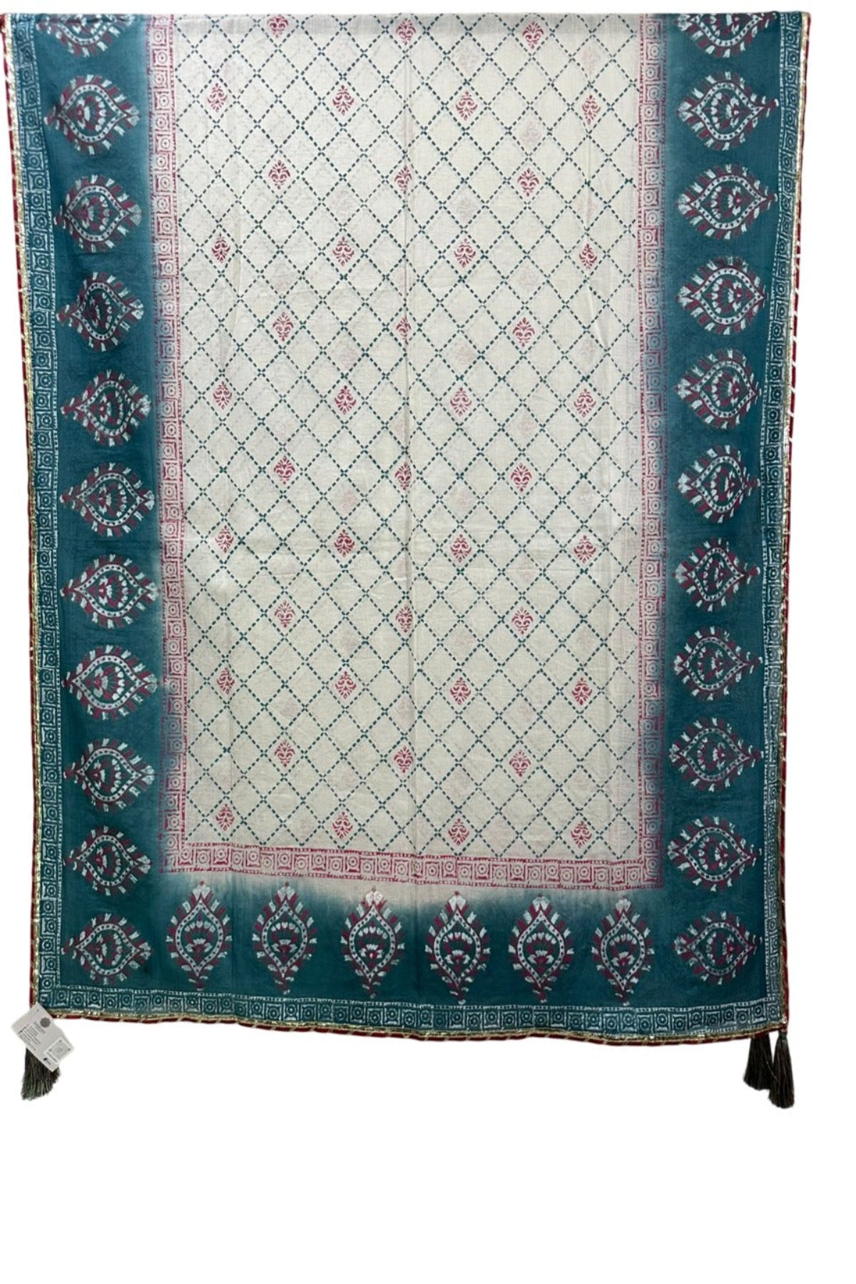 Zariyat by Sumera block printed lawn dupatta featuring a white center with a diamond grid pattern and a wide teal border with traditional motifs and decorative tassels.