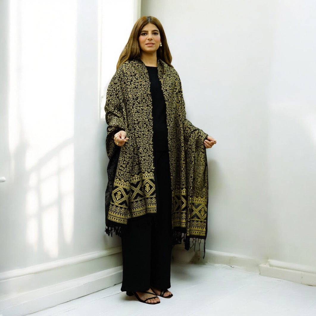 Zariyat by Sumera | Premium Block Print Acrylic Woolen Shawl (2.5 x 1.25 Yards)