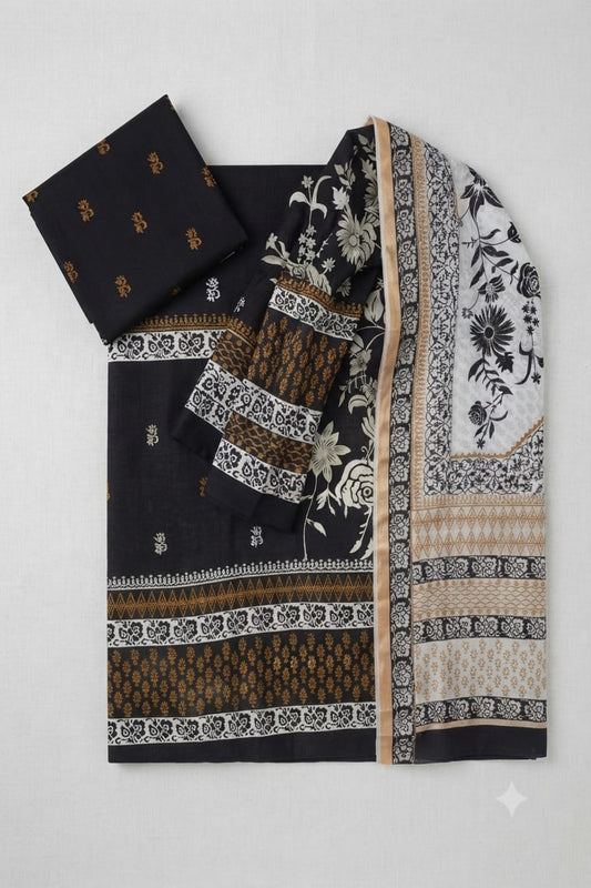 2 piece hand block print fine lawn suit with black unstitched shirt and matching cotton lawn dupatta, lightweight and perfect for summer, casual, office, and festive wear.