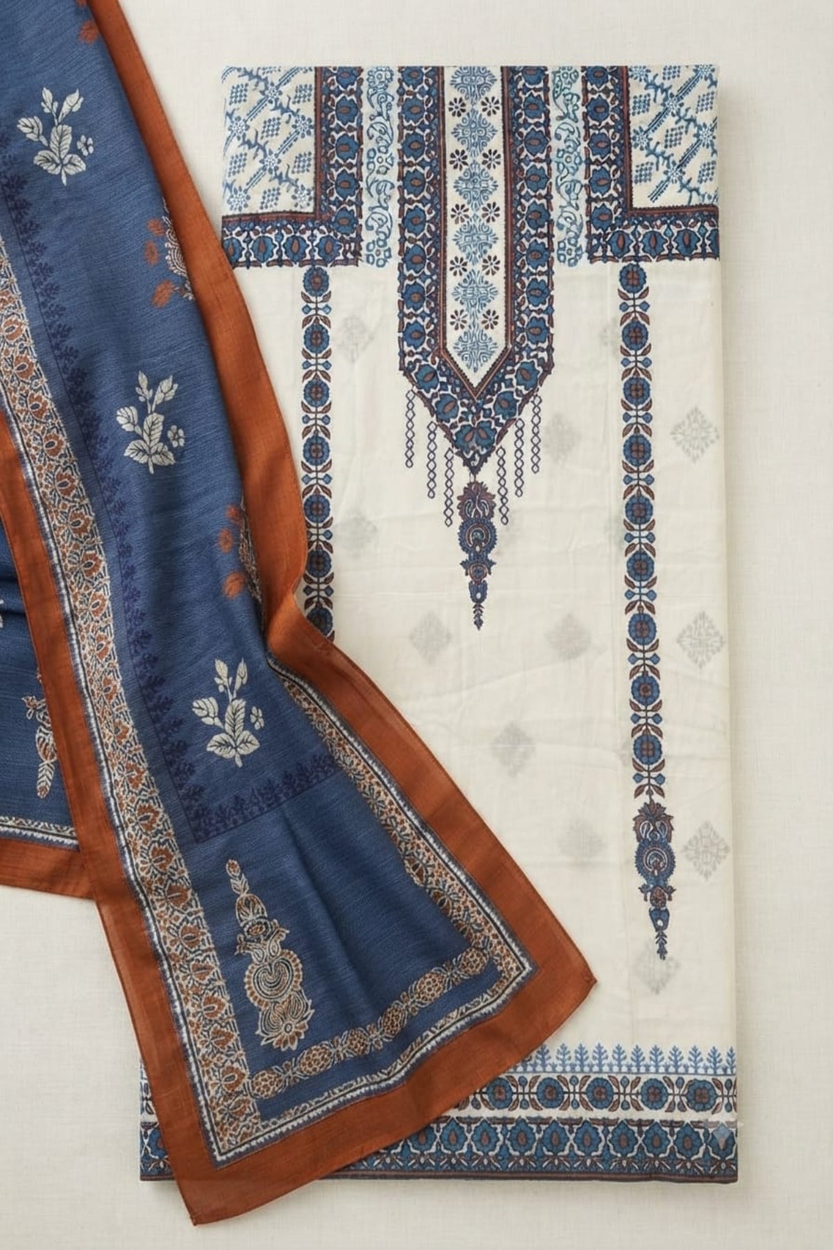 2-piece hand block print lawn suit with a white lawn shirt and blue cotton lawn dupatta, perfect for summer, casual, and everyday wear.