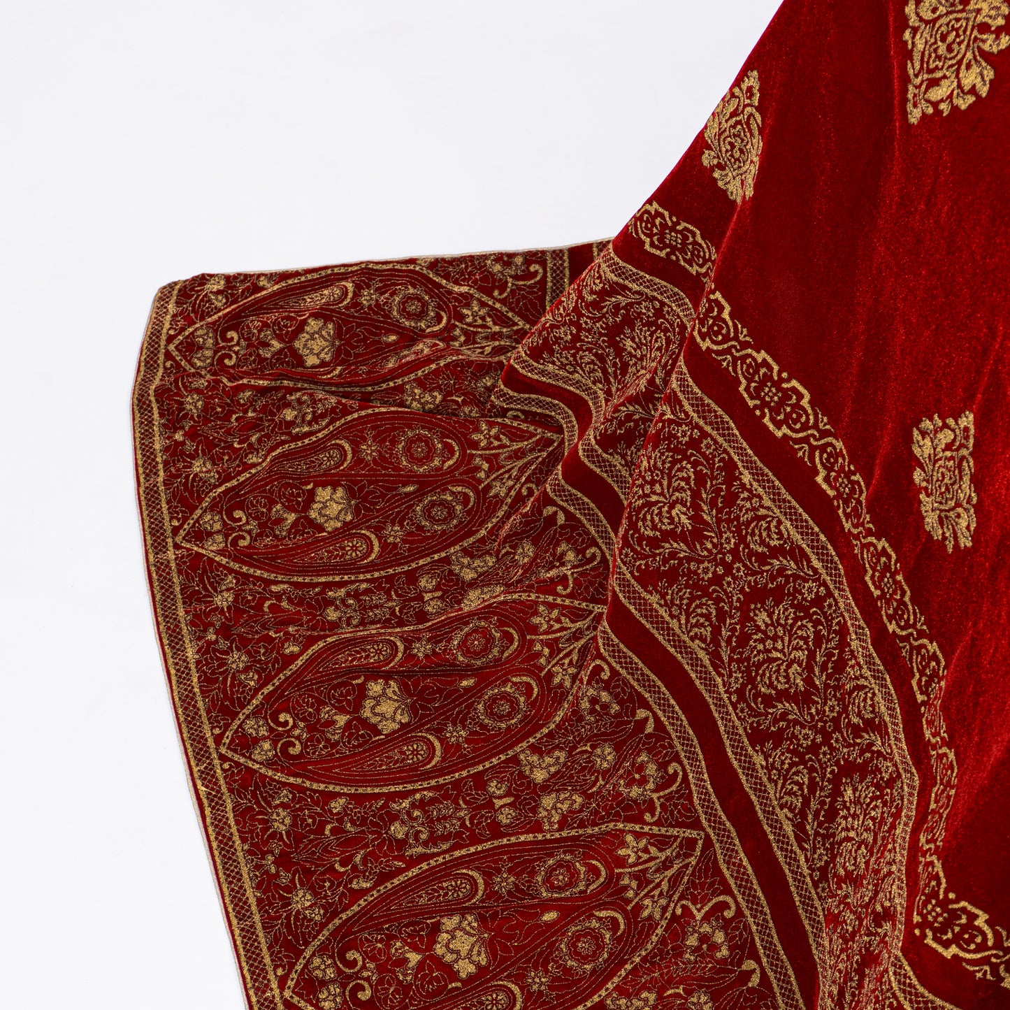 Premium Maroon Velvet Shawl with Heavy Golden Screen Print & Masoori Border