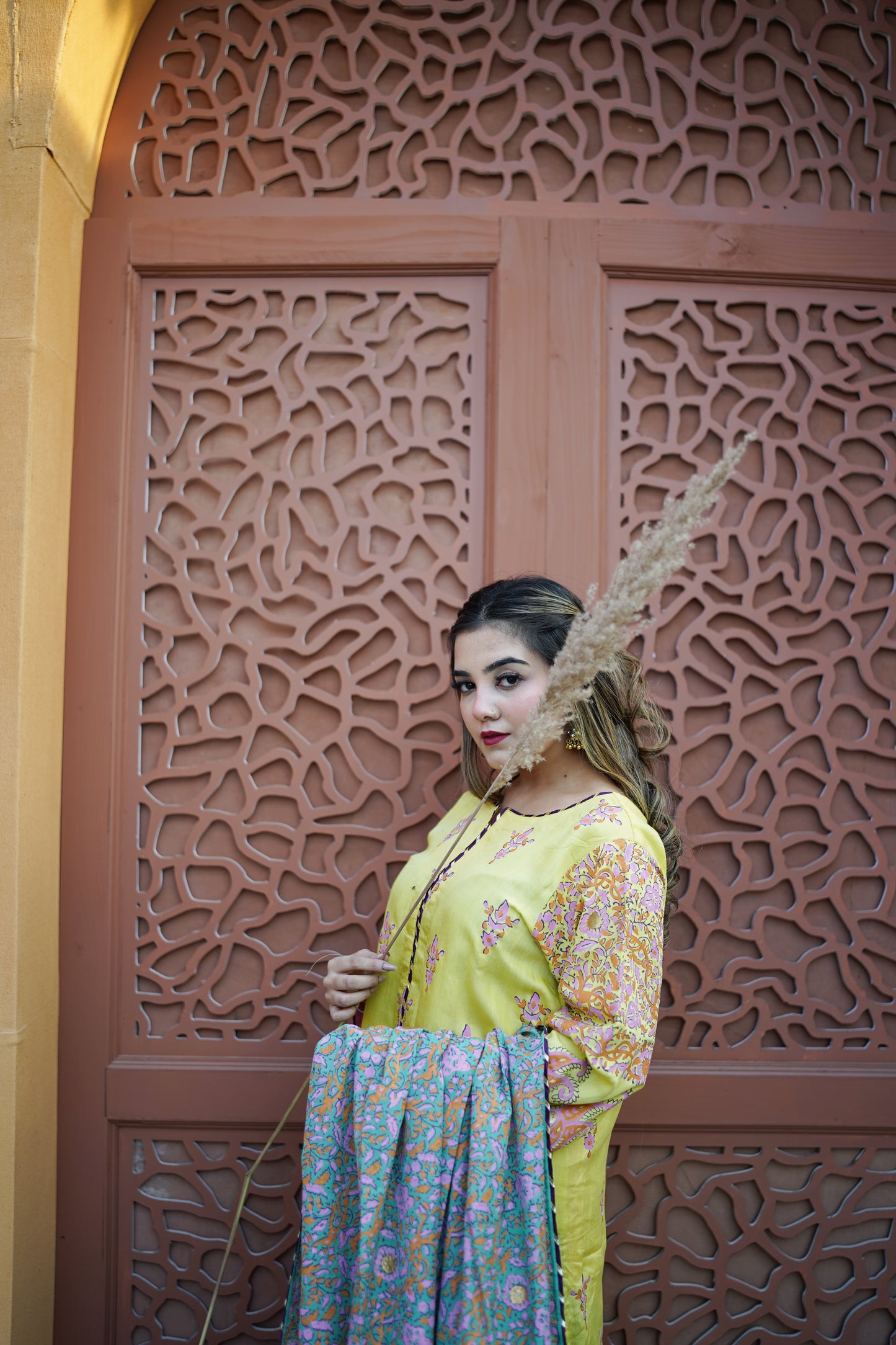 Premium 3-Piece Unstitched Fine Raw Silk Palazzo Suit | Yellow & Festive Multi-Color
