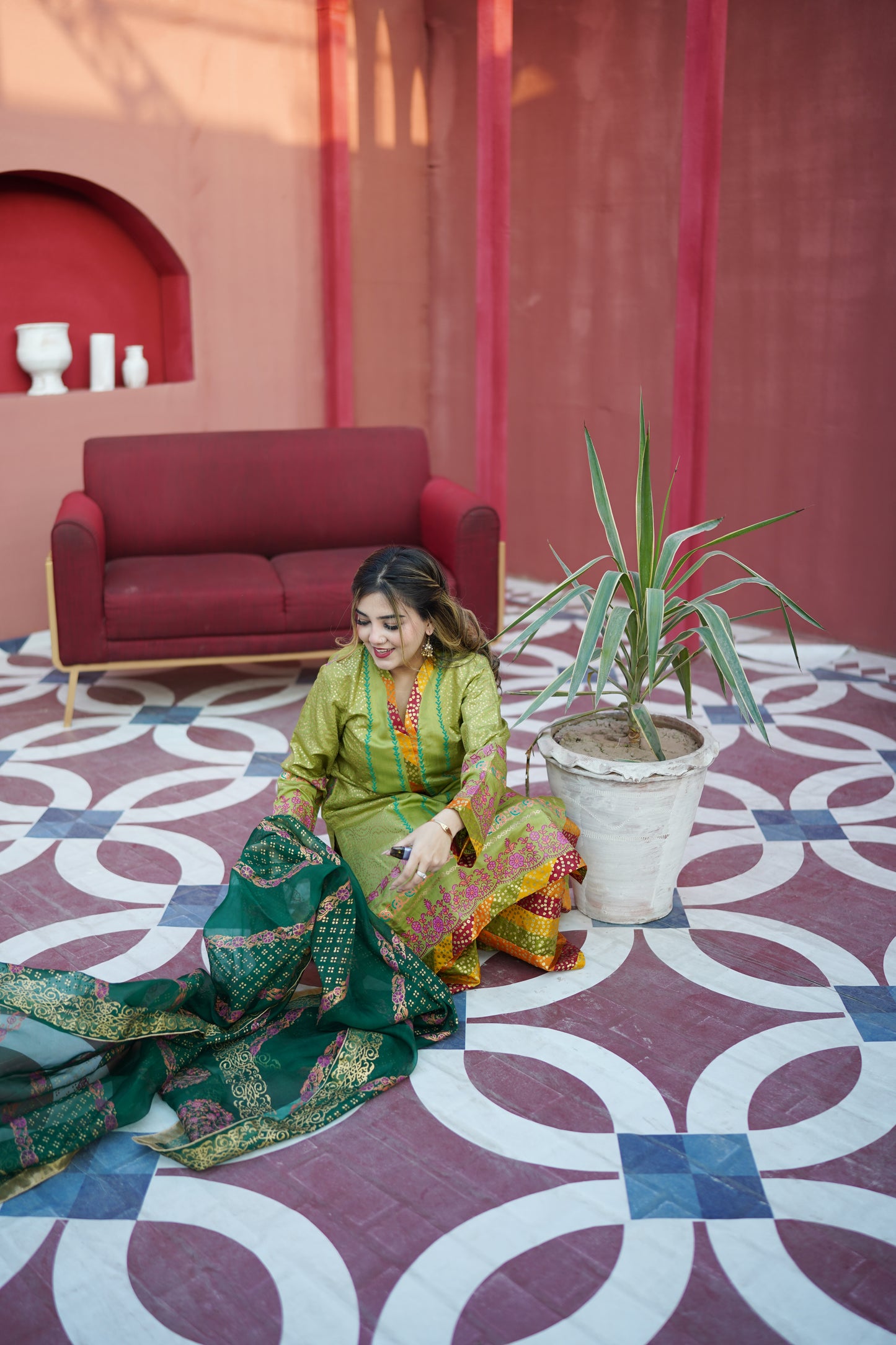 Luxury 3 Piece Block Print Sharara Suit | Raw Silk & Organza Dupatta