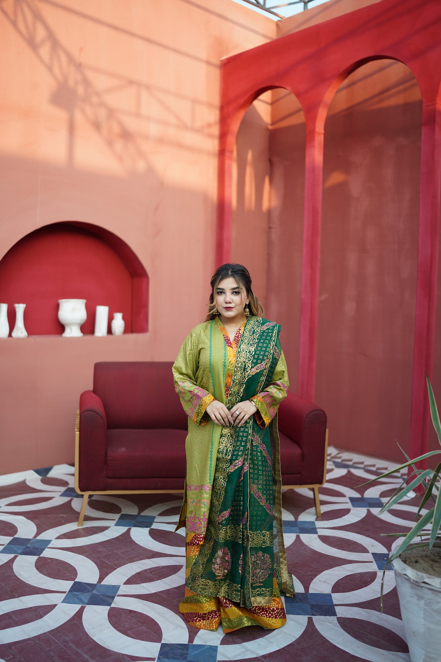 Luxury 3 Piece Block Print Sharara Suit | Raw Silk & Organza Dupatta