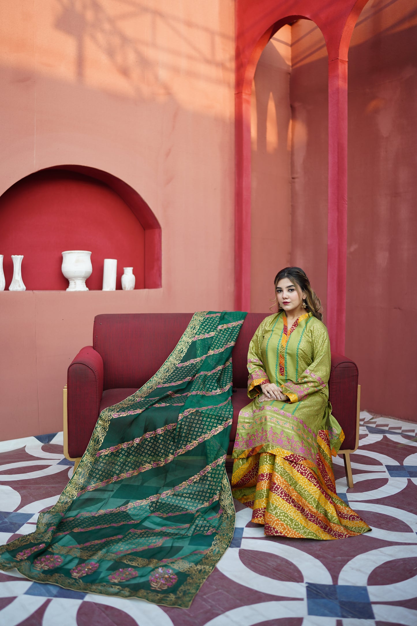 Luxury 3 Piece Block Print Sharara Suit | Raw Silk & Organza Dupatta