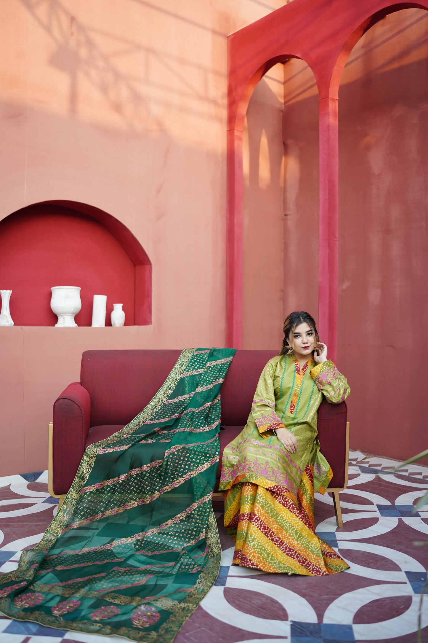 Luxury 3 Piece Block Print Sharara Suit | Raw Silk & Organza Dupatta