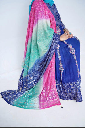 Close-up of the embroidered and block-printed sleeves on the premium raw silk kalidar frock.