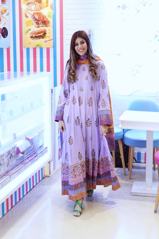 Zariyat by Sumera premium lilac Arabic lawn Kalidar frock with vibrant orange medium silk dupatta, fully stitched luxury lawn dress."