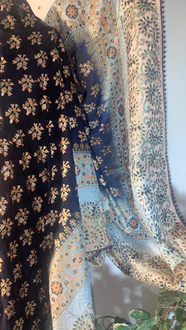 Premium Navy Blue Fine Silk Block Print Dupatta – 2.75 Yards