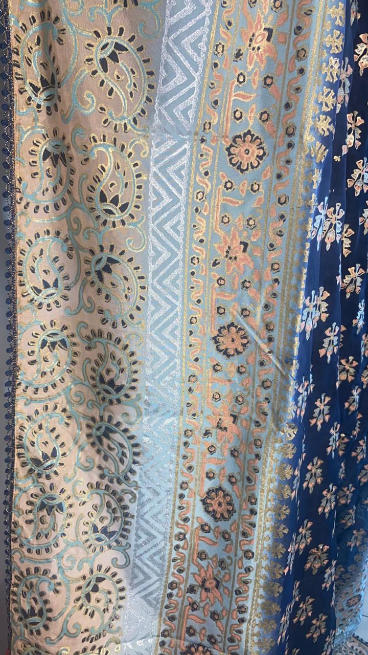 Premium Navy Blue Fine Silk Block Print Dupatta – 2.75 Yards