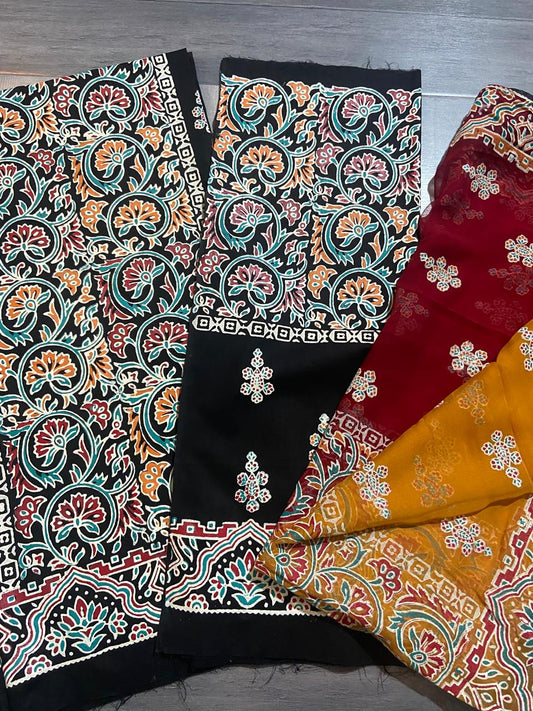 Black 2-Piece Printed Lawn Suit with Lawn Dupatta | Luxury Block-Print Style Lawn Outfit