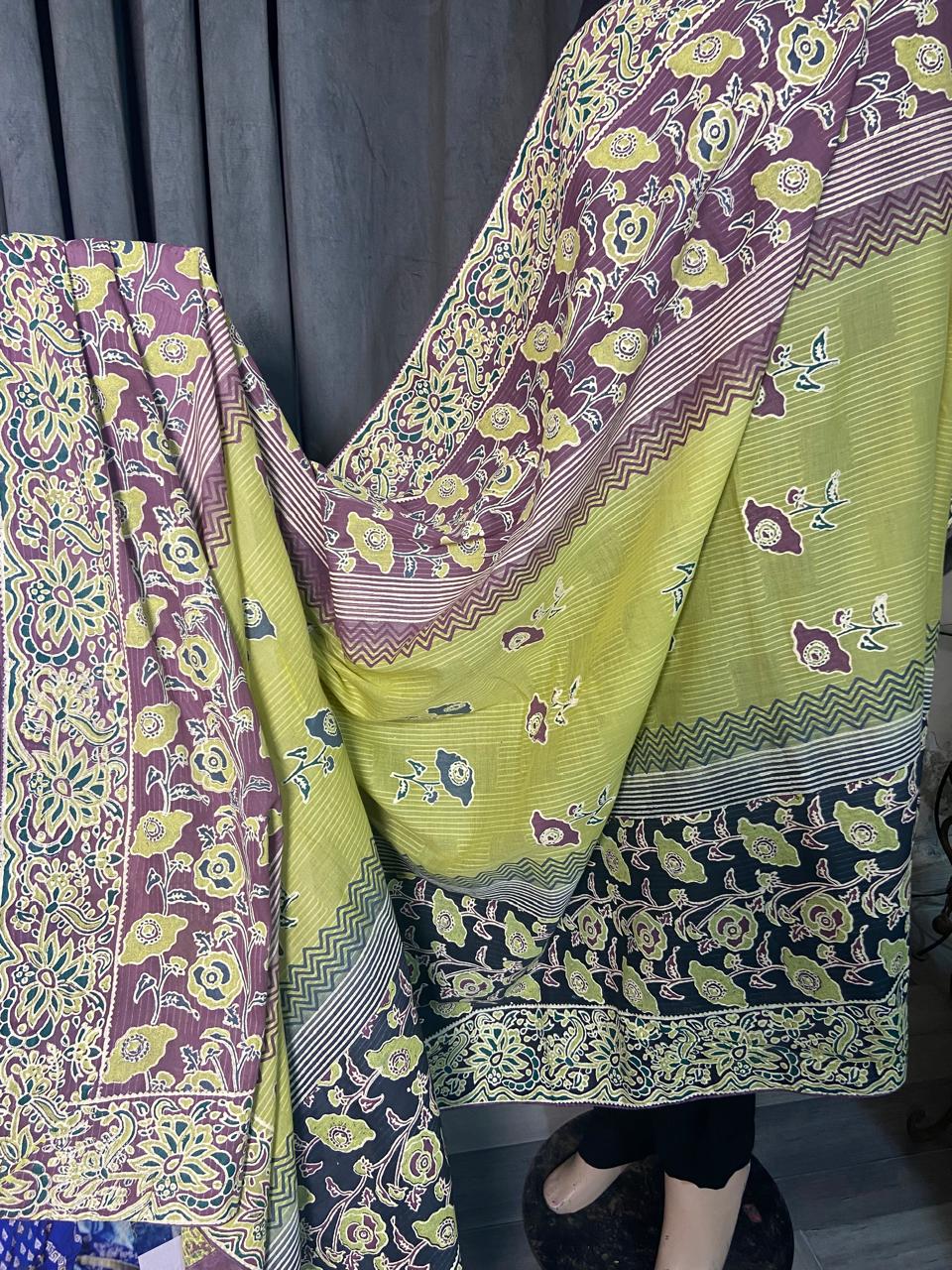 Handmade Block Print Dooria Lawn Dupatta | Olive Green & Plum | Zariyat by Sumera