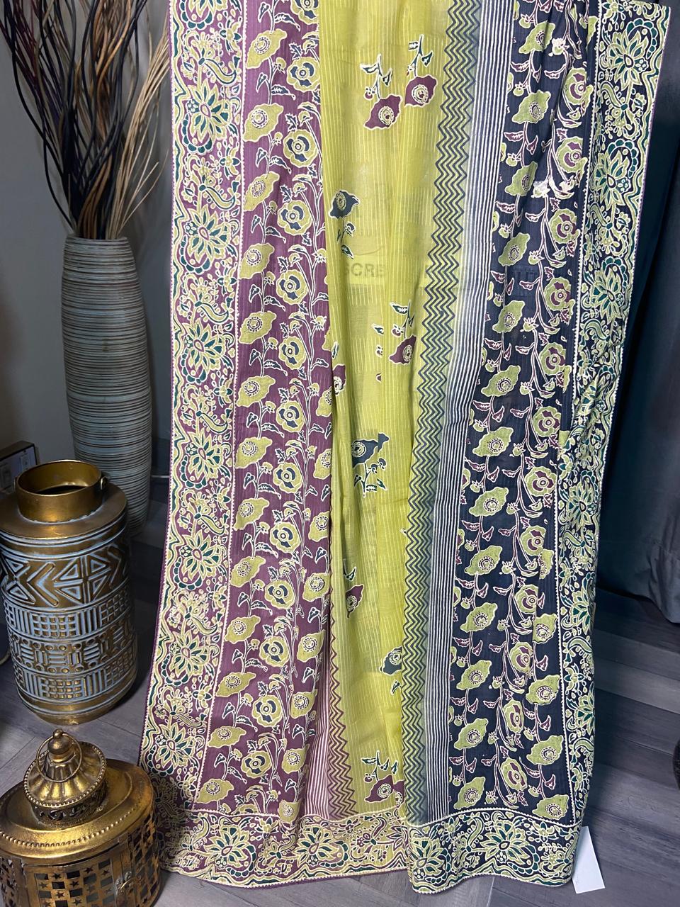 Handmade Block Print Dooria Lawn Dupatta | Olive Green & Plum | Zariyat by Sumera