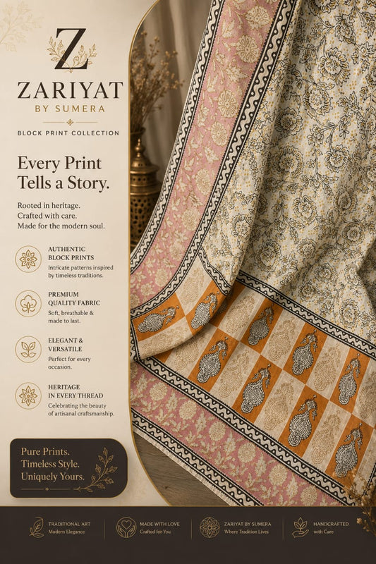 Traditional Chunri Style Floral Block Print Dooria Lawn Dupatta | Zariyat by Sumera