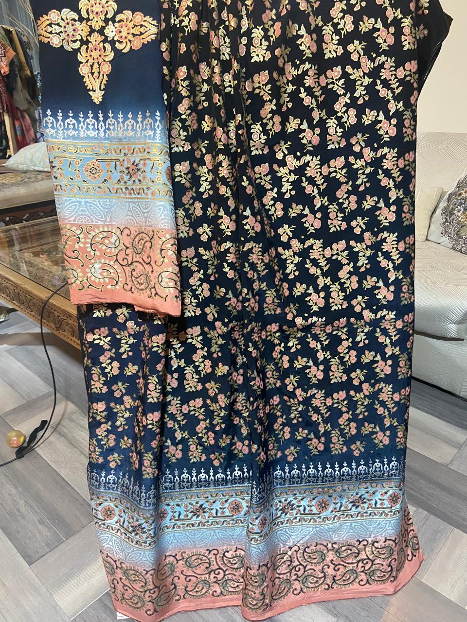 Zariyat by Sumera – Elegant Dark Grey & Multi-Color Block Print Suit