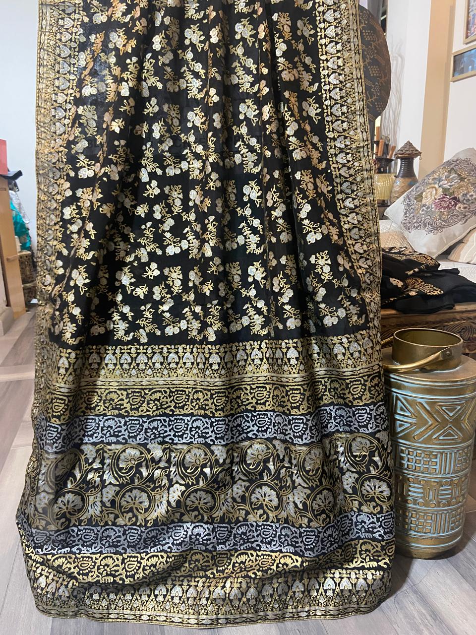 Zariyat by Sumera – Elegant Black Gold Block Print 3-Piece Suit