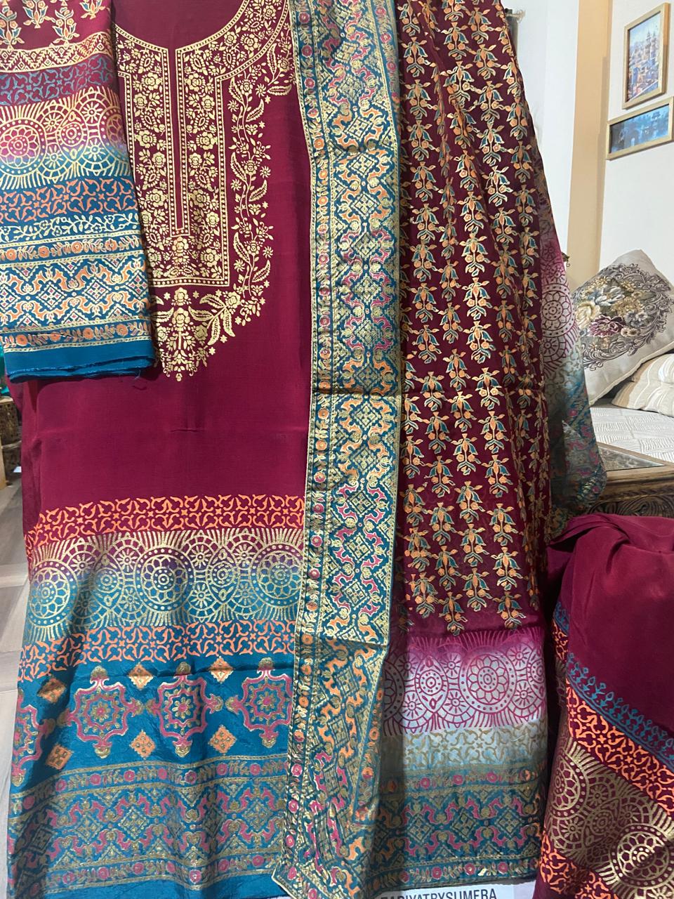 Zariyat by Sumera Magenta Raw Silk 3pcs Suit with Block Print & Dupatta