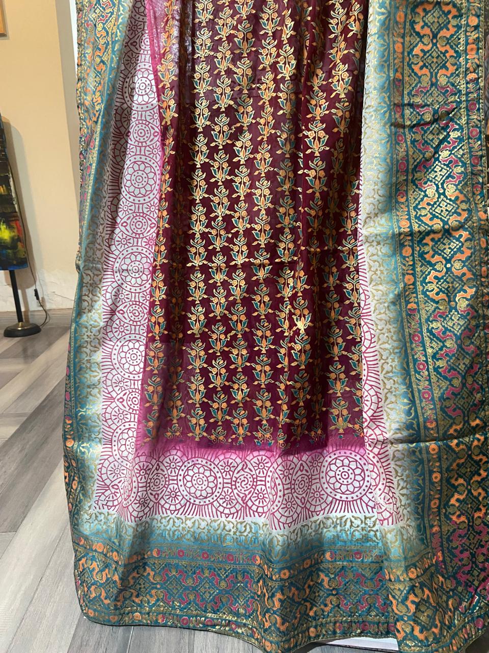 Zariyat by Sumera Magenta Raw Silk 3pcs Suit with Block Print & Dupatta