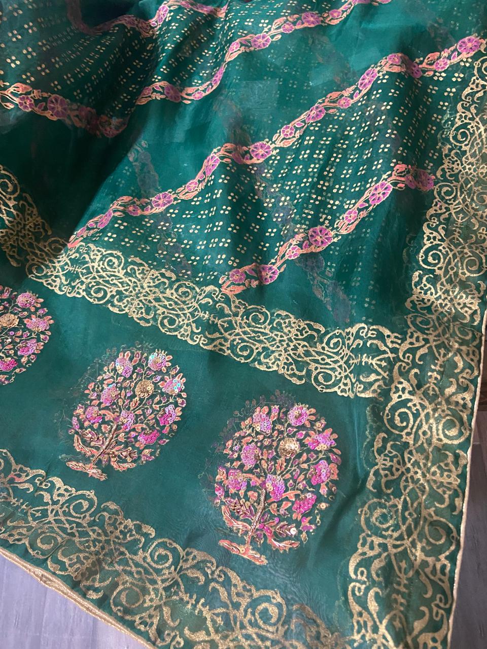 Luxury 3 Piece Block Print Sharara Suit | Raw Silk & Organza Dupatta