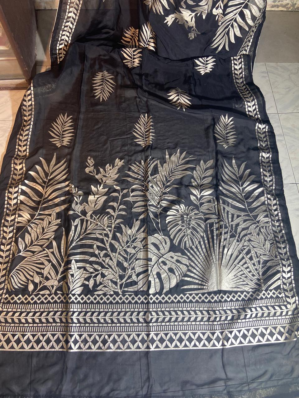 Black and Silver Botanical Print Designer Dupatta
