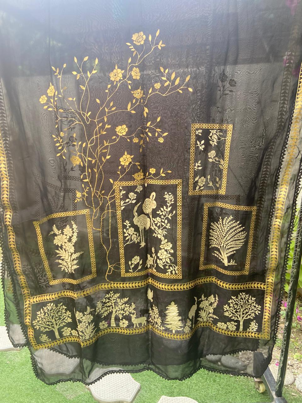 Black and Gold Block-Print Floral & Animal Motif Dupatta