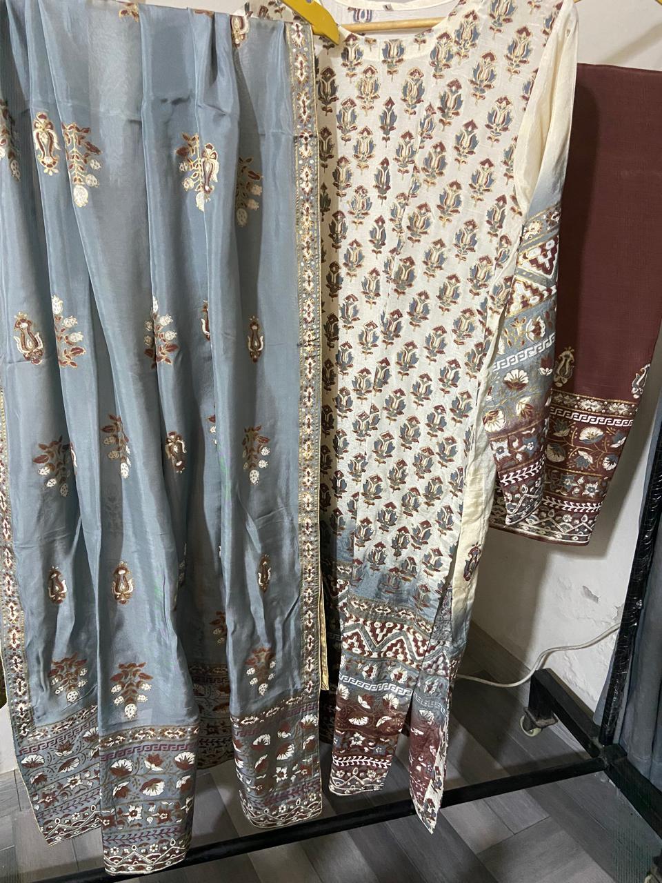 3 Piece Stitched Block Print Raw Silk Suit with Medium Silk Dupatta | Handmade Pakistani Dress
