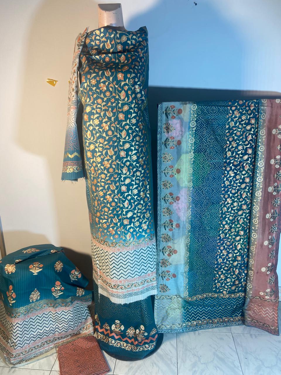 Premium 3-Piece Unstitched Block Print Raw Silk Suit with Fine Medium Silk Dupatta – Teal & Peach
