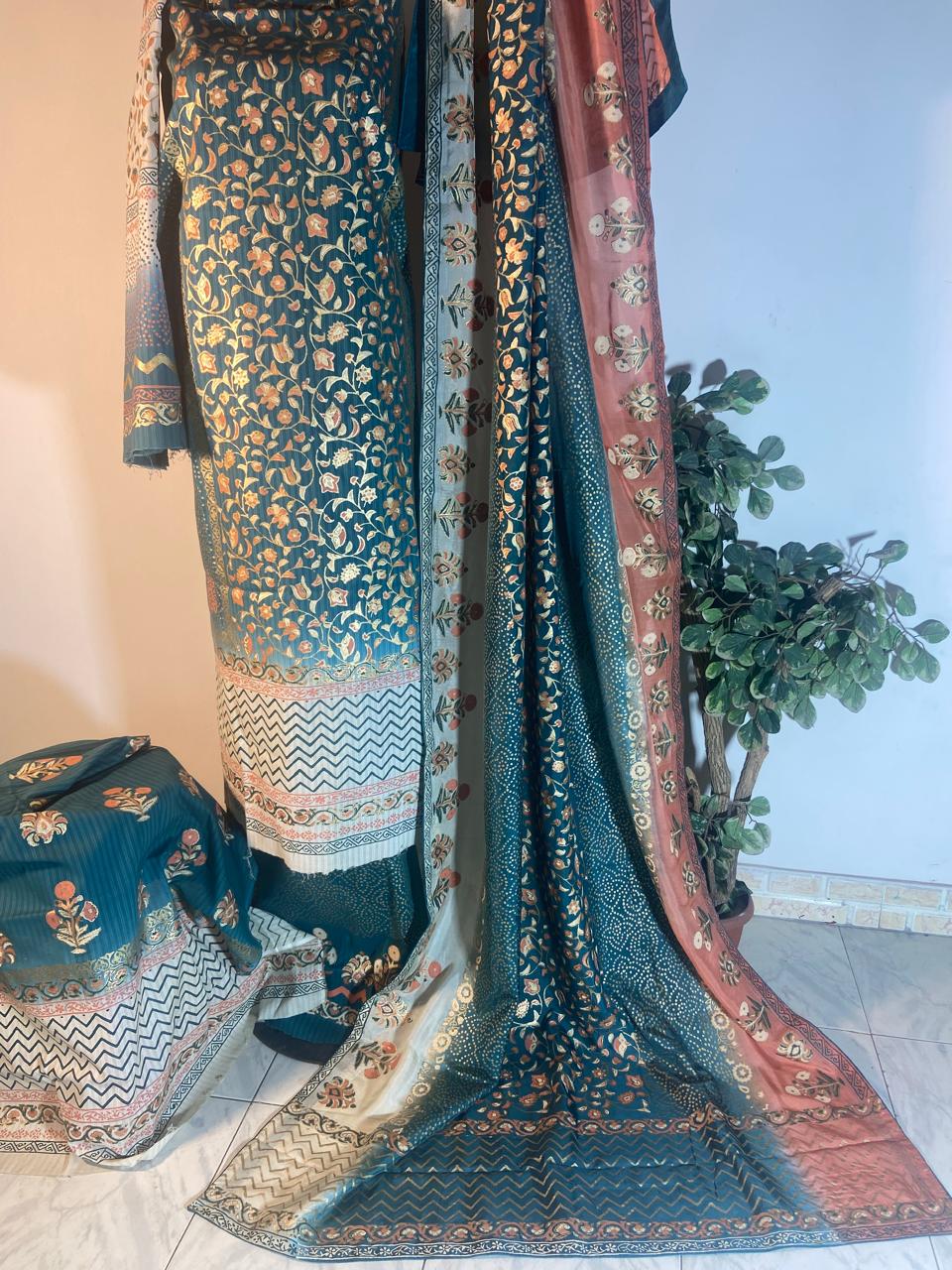 Premium 3-Piece Unstitched Block Print Raw Silk Suit with Fine Medium Silk Dupatta – Teal & Peach