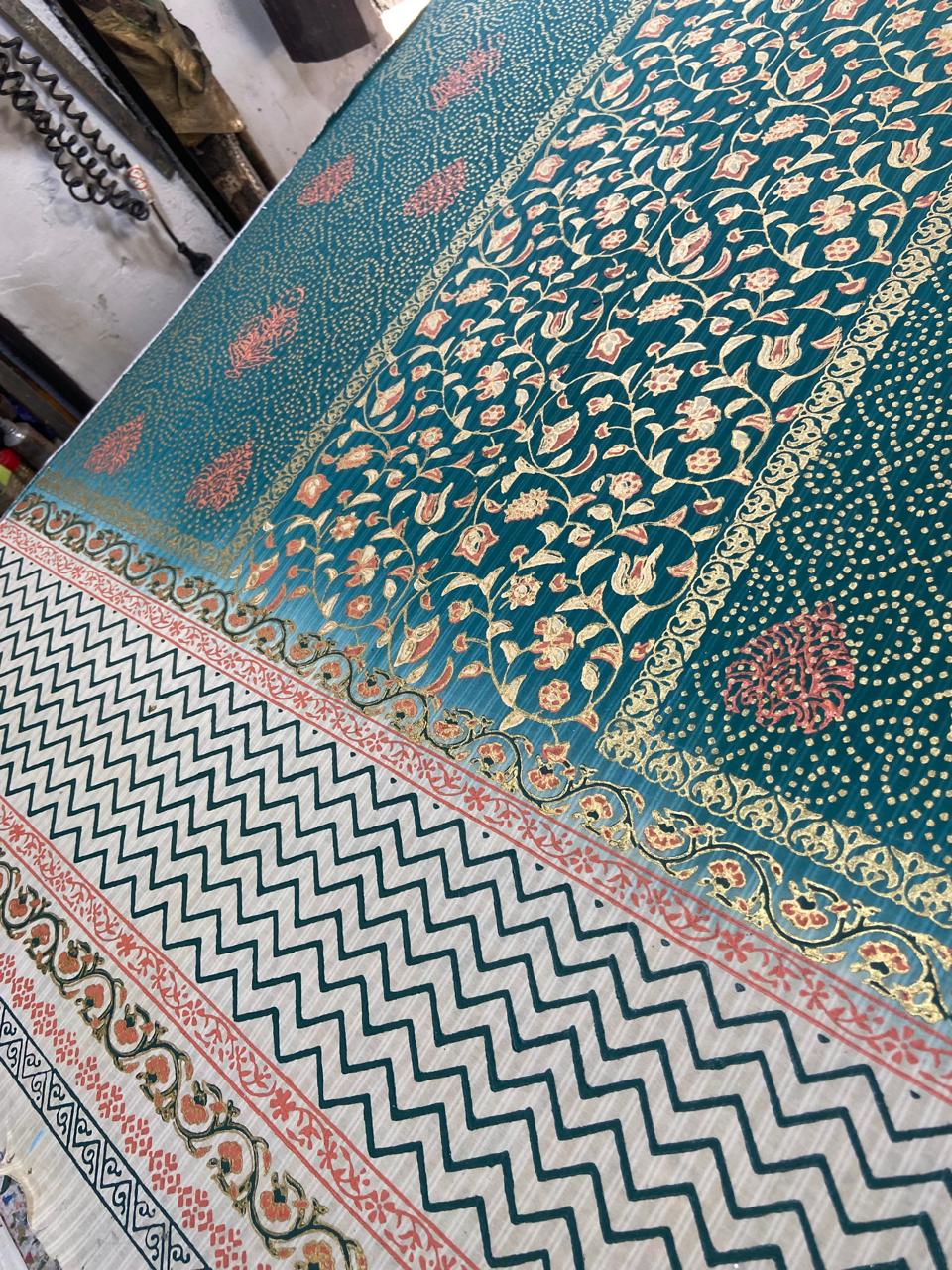 Premium 3-Piece Unstitched Block Print Raw Silk Suit with Fine Medium Silk Dupatta – Teal & Peach