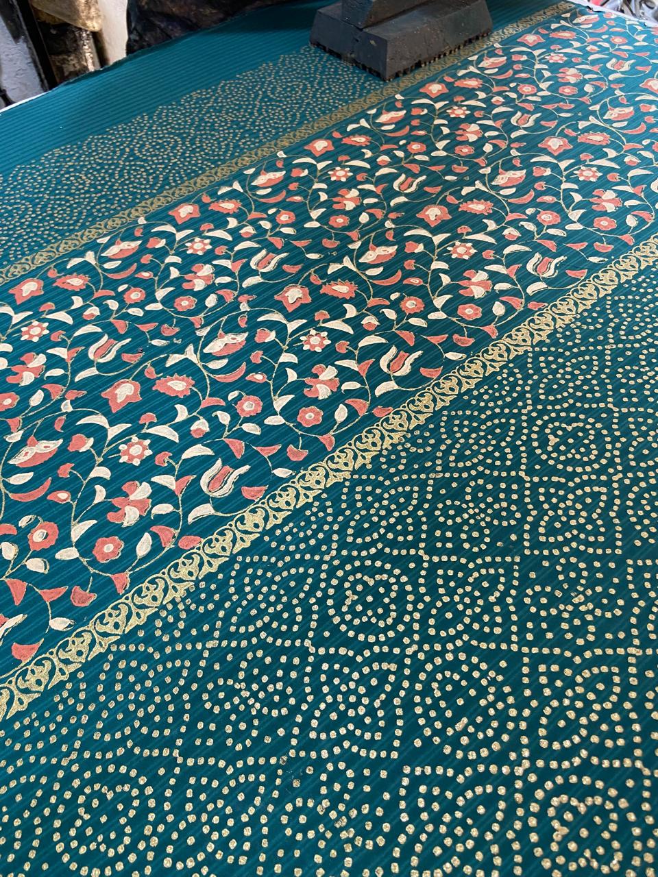 Premium 3-Piece Unstitched Block Print Raw Silk Suit with Fine Medium Silk Dupatta – Teal & Peach