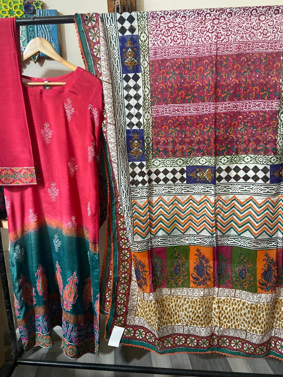 Premium 3-Piece Unstitched Hand Block Print Fine Raw Silk Suit | Free Delivery