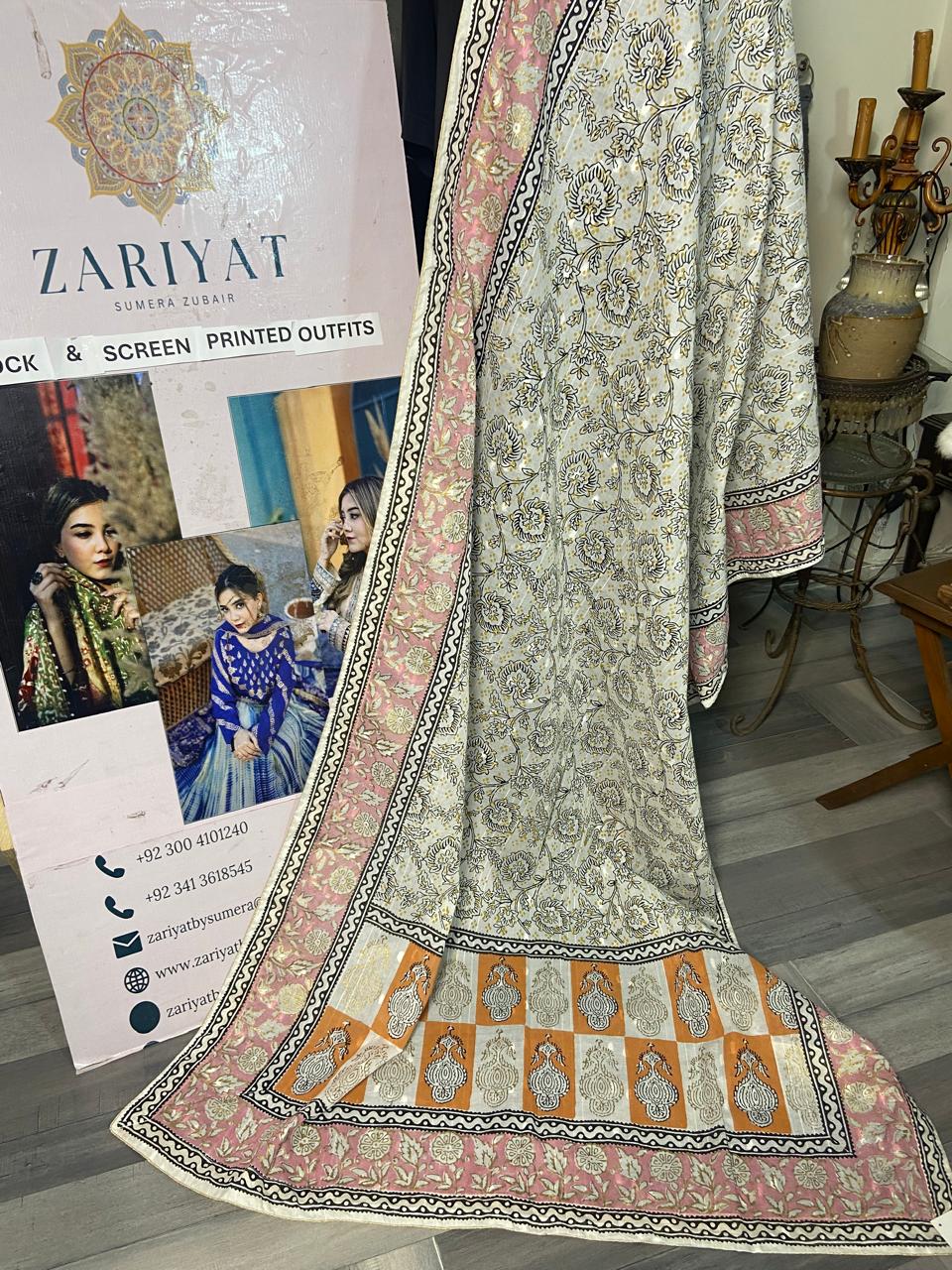 Traditional Chunri Style Floral Block Print Dooria Lawn Dupatta | Zariyat by Sumera