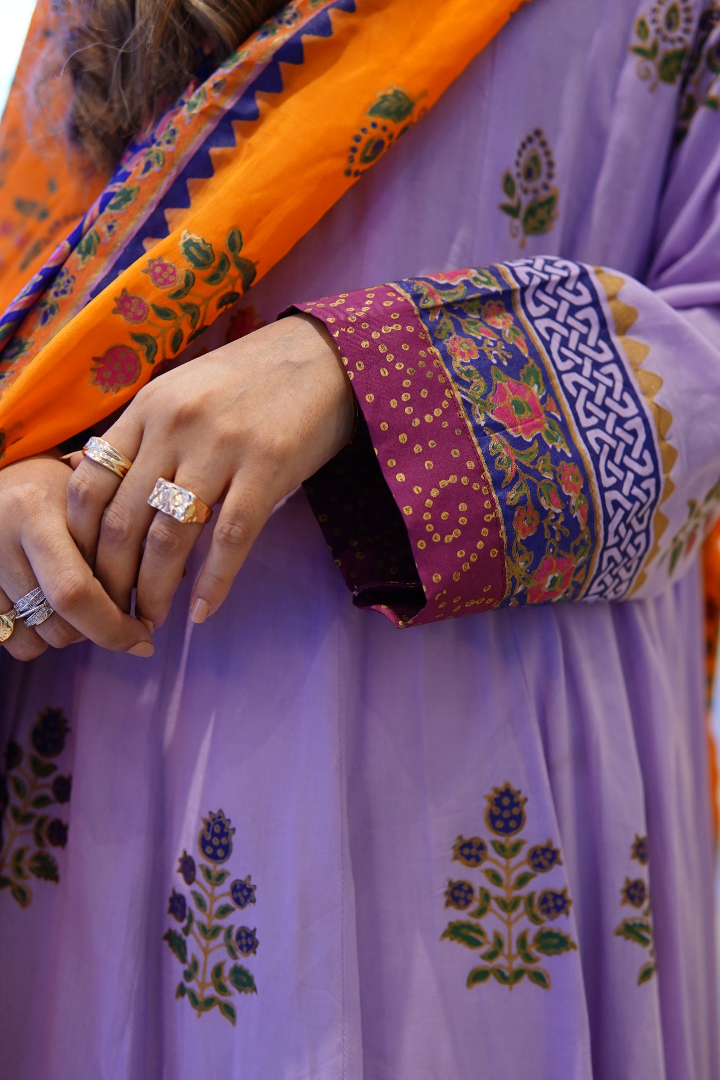 Close up of lilac Kalidar frock sleeves showing intricate block print border detail by Zariyat by Sumera