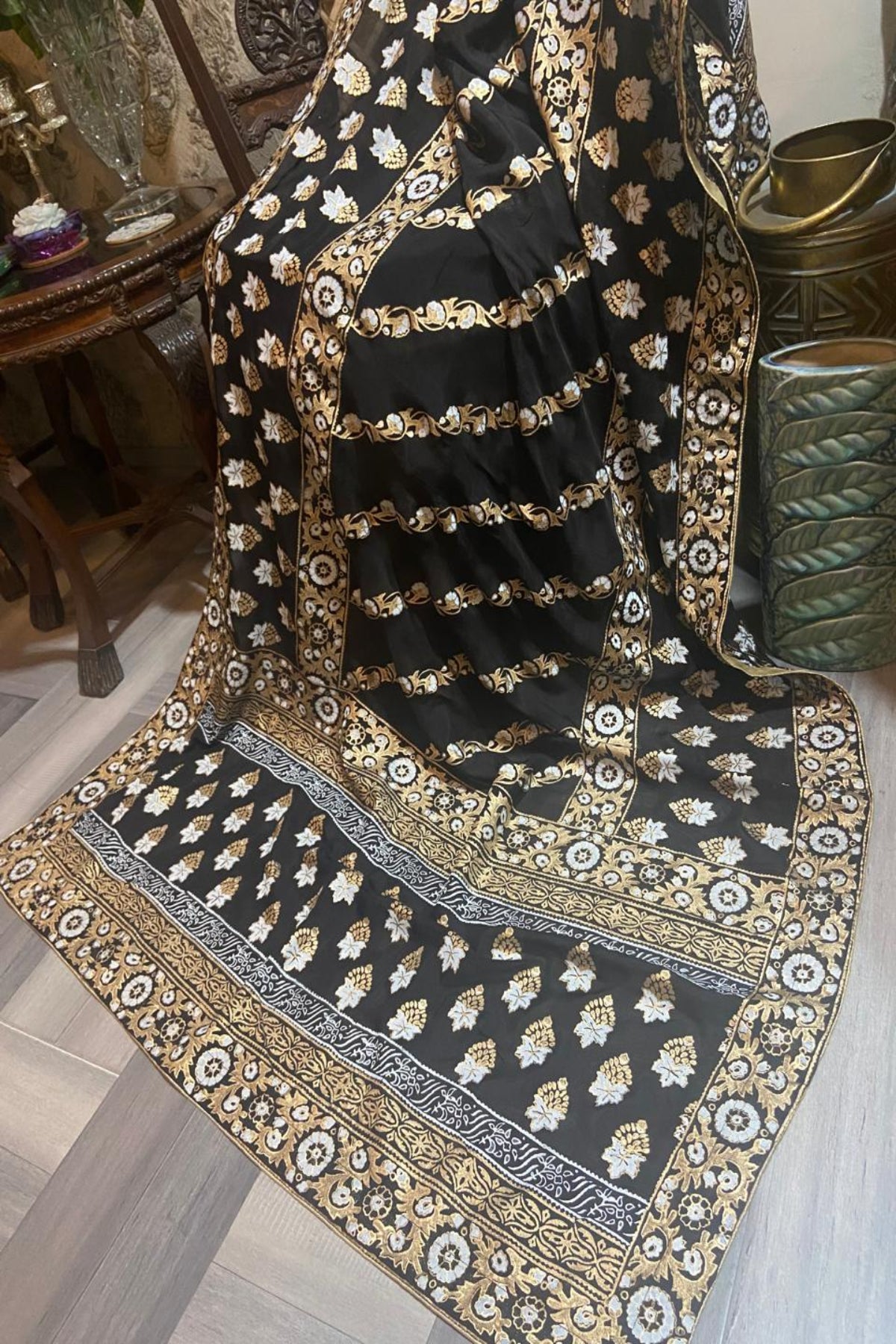 Black and gold fine medium silk block print dupatta featuring intricate traditional patterns and massuri border