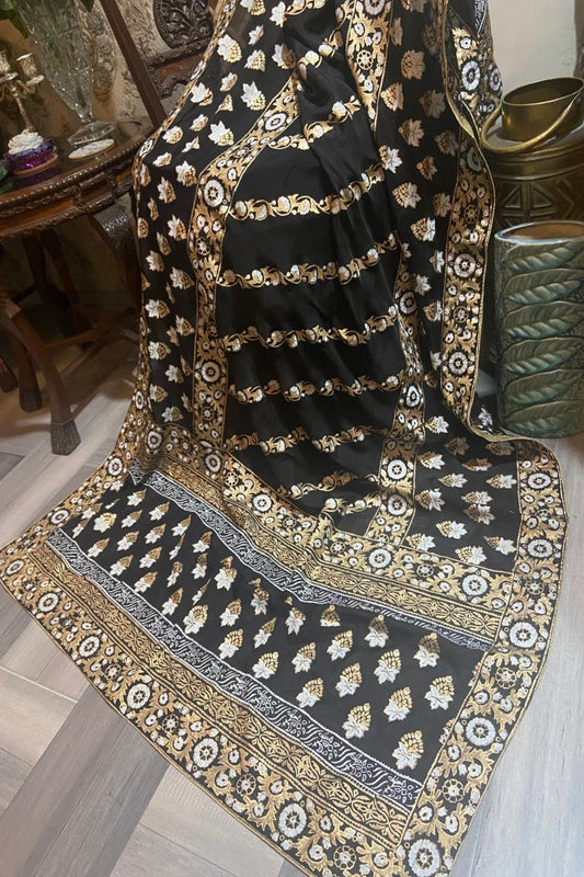 Black and gold fine medium silk block print dupatta featuring intricate traditional patterns and massuri border
