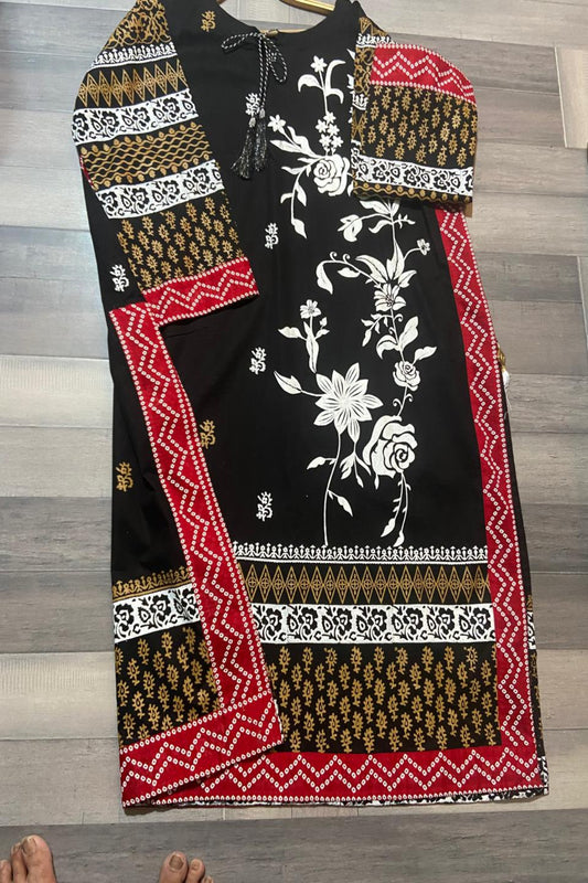 Black and red stitched long shirt in fine lawn featuring traditional block print and tassel details by Zariyat by Sumera