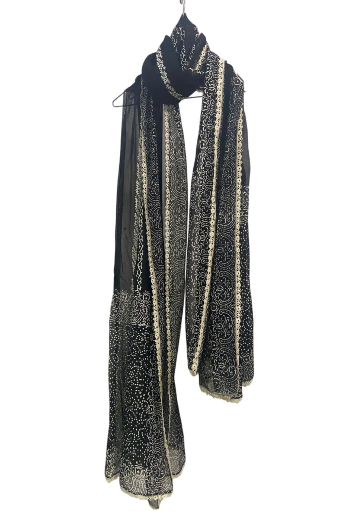 Premium Black Silk Block Print Dupatta with Elegant Lace Border by Zariyat by Sumera