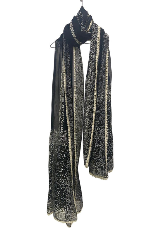 Premium Black Silk Block Print Dupatta with Elegant Lace Border by Zariyat by Sumera