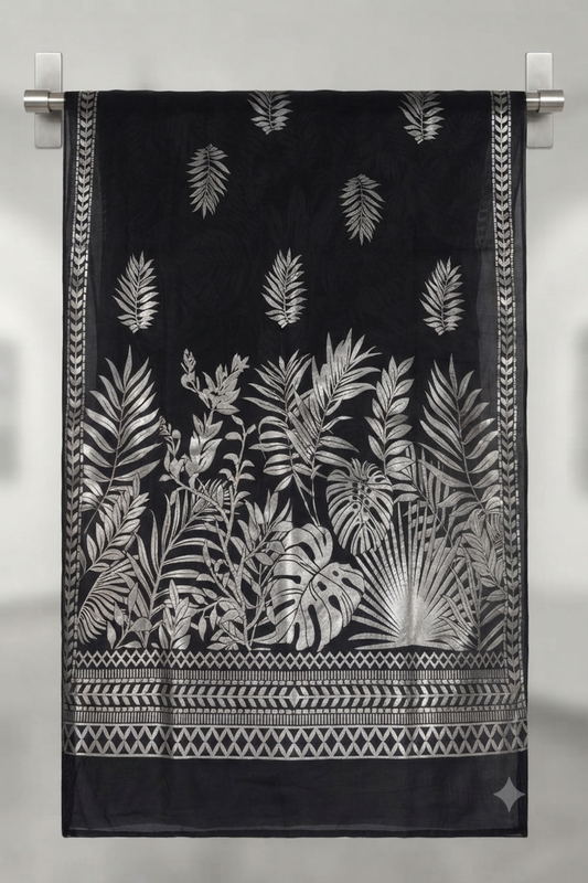 A black fabric dupatta, possibly organza or silk, hangs vertically from a brushed silver rod. It features a complex metallic silver foil print of various tropical leaves and foliage, including monstera, rising from a detailed geometric and laurel border at the bottom. The background is a softly blurred, modern gallery space