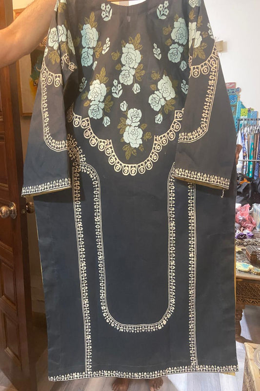 Black stitched long shirt in fine lawn featuring blue floral block print and intricate borders by Zariyat by Sumera.