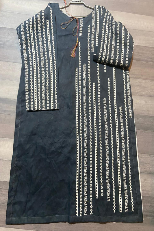 Black striped stitched long shirt in fine lawn featuring vertical white block print patterns and tassel neck detailing by Zariyat by Sumera.