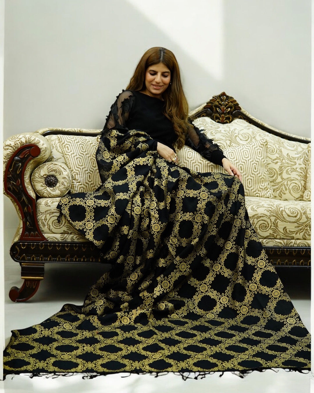 Royal Black Kashmiri Shawl with Golden Zari Weaving