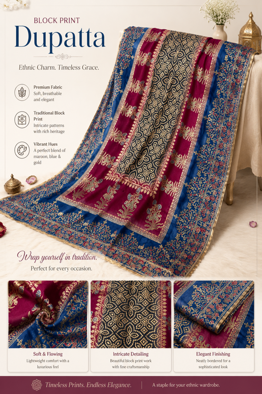 Premium Handmade Block Print Dupatta in Maroon & Royal Blue with Intricate Gold Floral Design | Traditional Ethnic Dupatta by Zariyat by Sumera