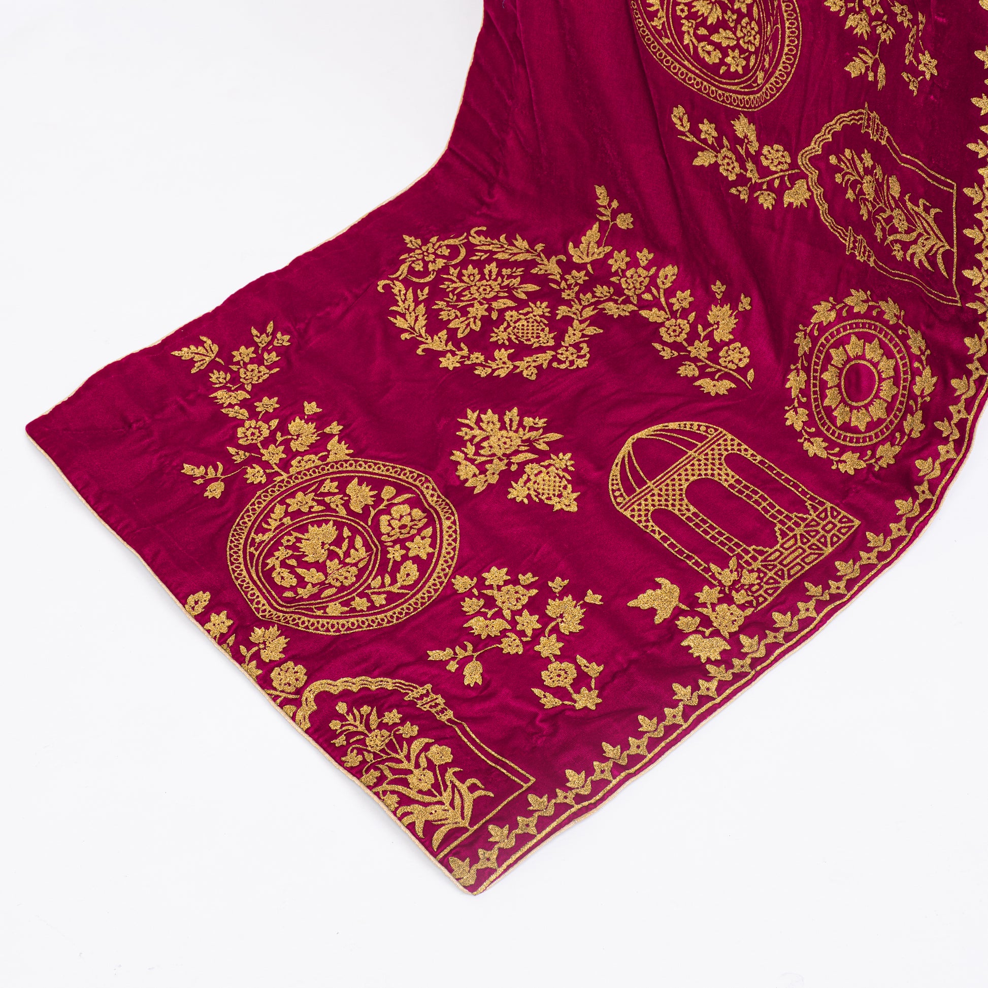 Elegant burgundy velvet shawl with detailed gold thread work for festive occasions