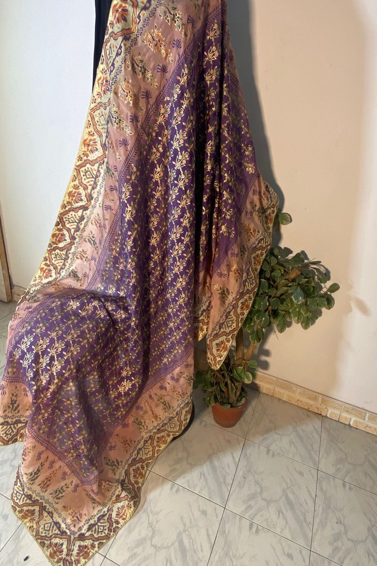 Fancy purple hand block print dupatta made from fine raw silk with 4-sided Massuri inner lace, perfect for festive, wedding, and formal wear.