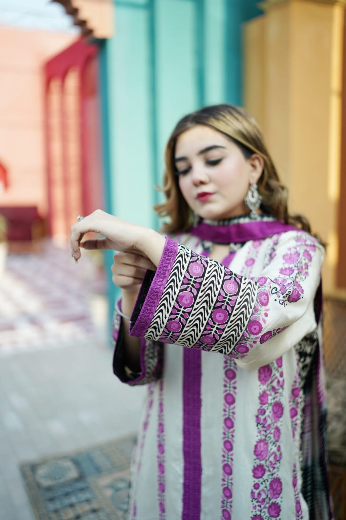 Elegant floral hand-block print suit, ethnic wear collection.