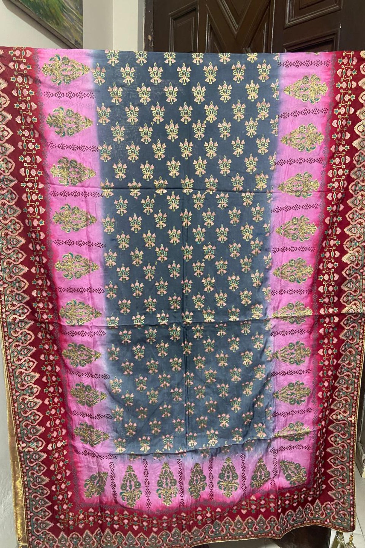 Grey and maroon shaded fine medium silk block print dupatta featuring traditional motifs and a massuri border